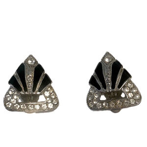 𝅺vtg Richelieu Art Deco Style Silver Tone Black Rhinestone Clip On Earrings 7mm